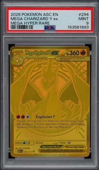 PSA graded rare collectible card showing a gold holographic design with attack details and a Mint 9 rating